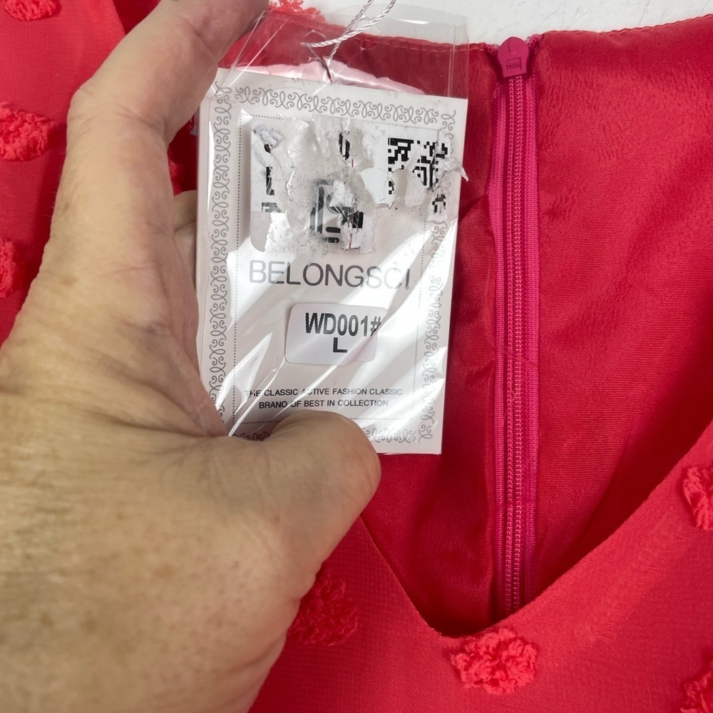 NEW Belongsci Bright Coral Swiss Dot Ruffle Sleeve Mini Dress Size Large - Picture 11 of 16